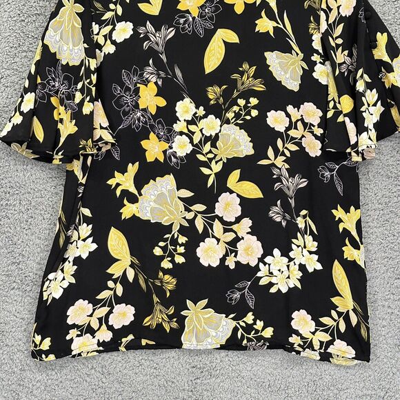 LOFT Blouse Top Women M Black Yellow Floral Flared Short Sleeve Keyhole Back J34 - Picture 5 of 12